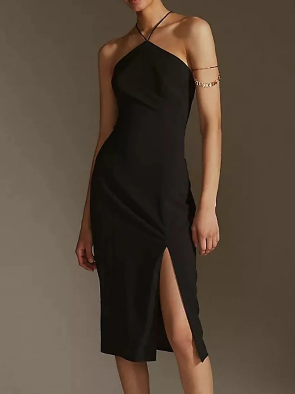 ANTHROPOLOGIE / HUTCH Black Asymmetric Halter Midi Dress with Thigh Slit - Picture 4 of 8